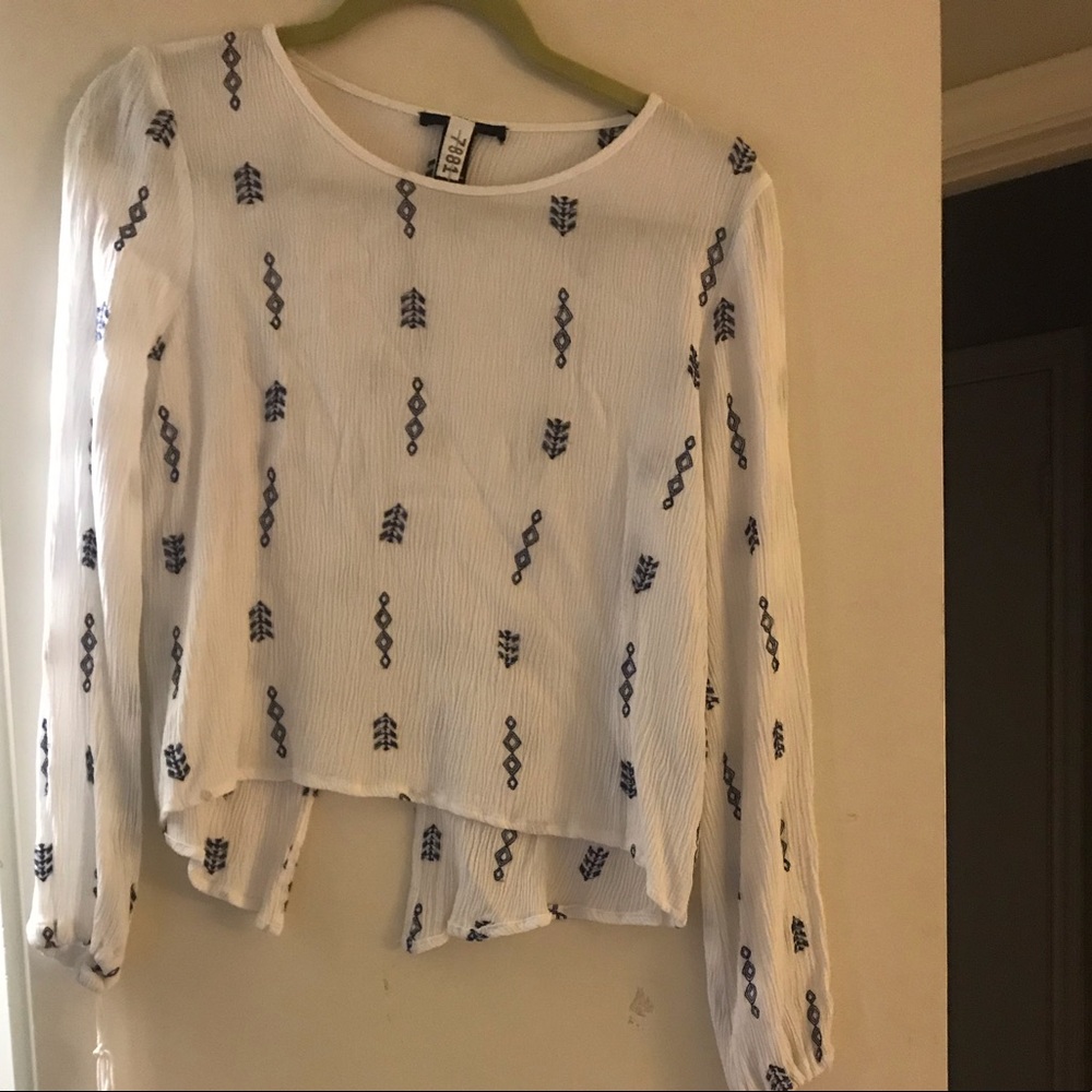 White flow Blouse with Navy blue embroidery